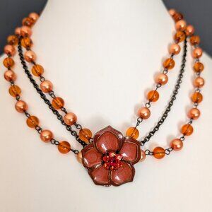 3 strand vintage orange enamel flower necklace with orange and peach beads